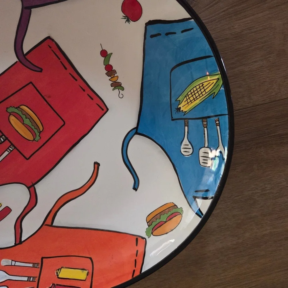 Clay Art Grill Time Hand Painted Ceramic Oval Serving Platter BBQ Aprons Multi